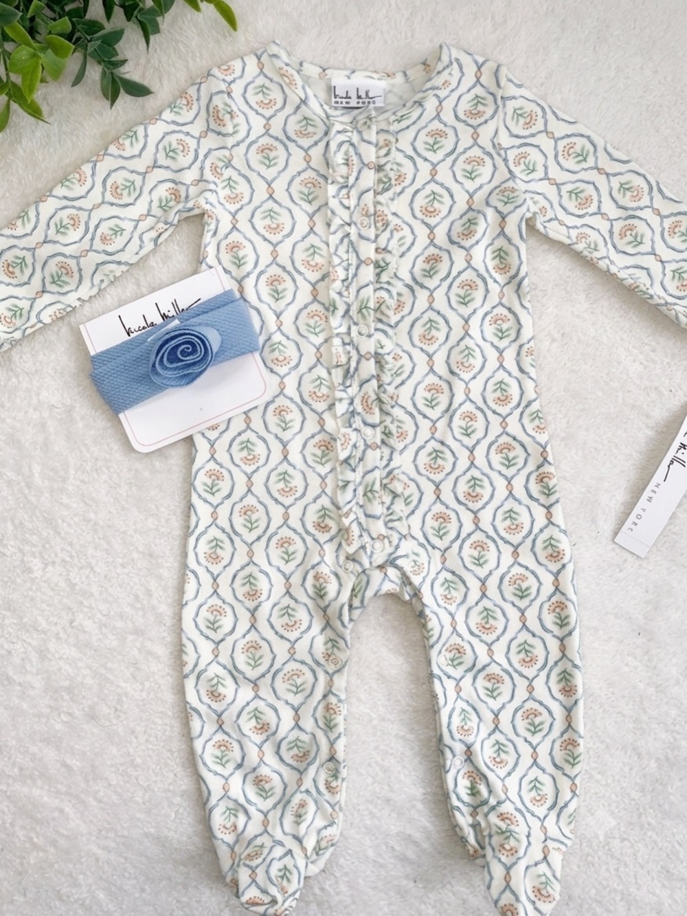 NWT Nicole Miller Cream Floral Footie 6-9M Matching Blue Headband